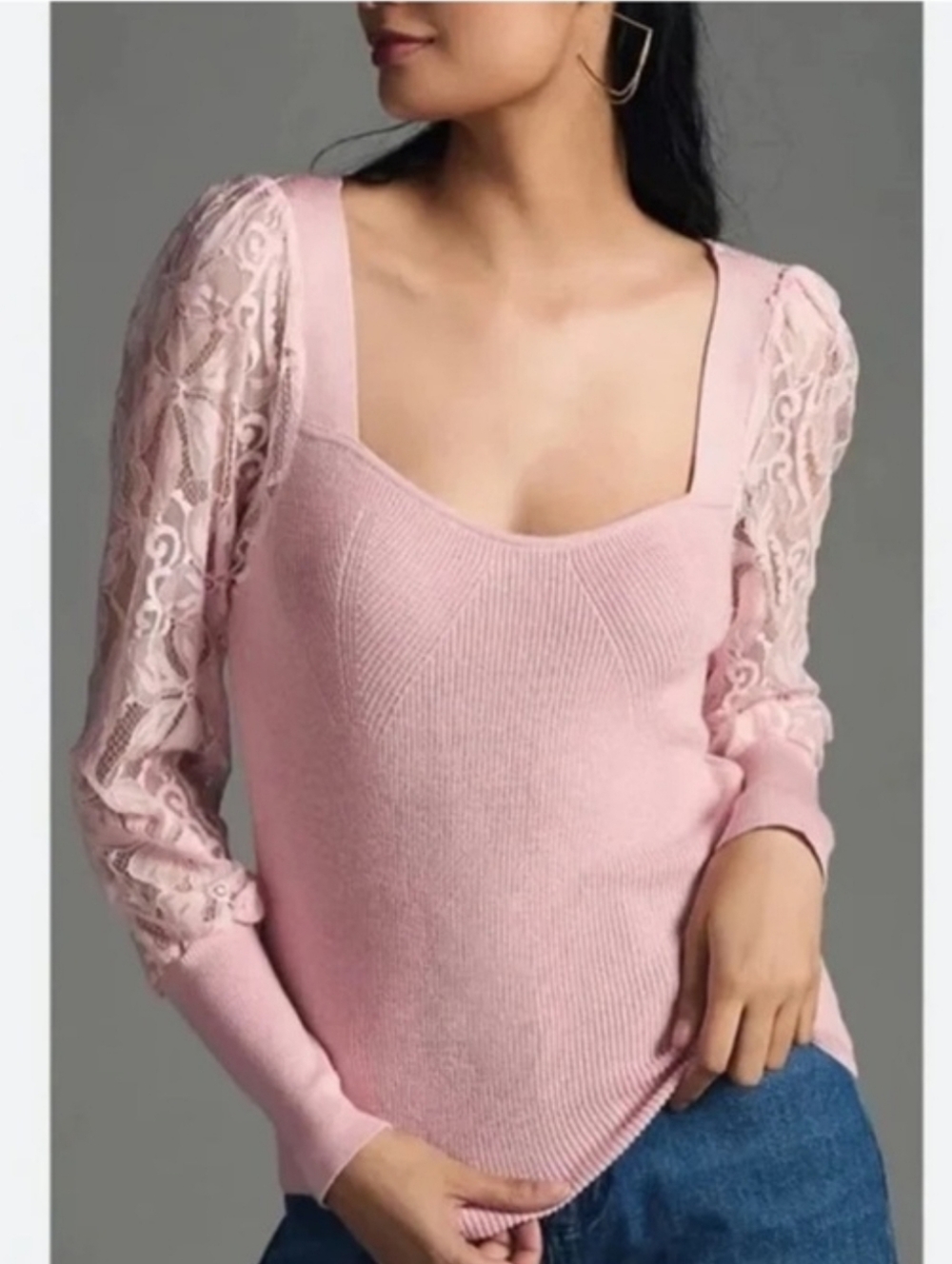 NEW Anthropologie Pink Sweater Ribbed Sweetheart Neckline Lace Sleeve Size Small